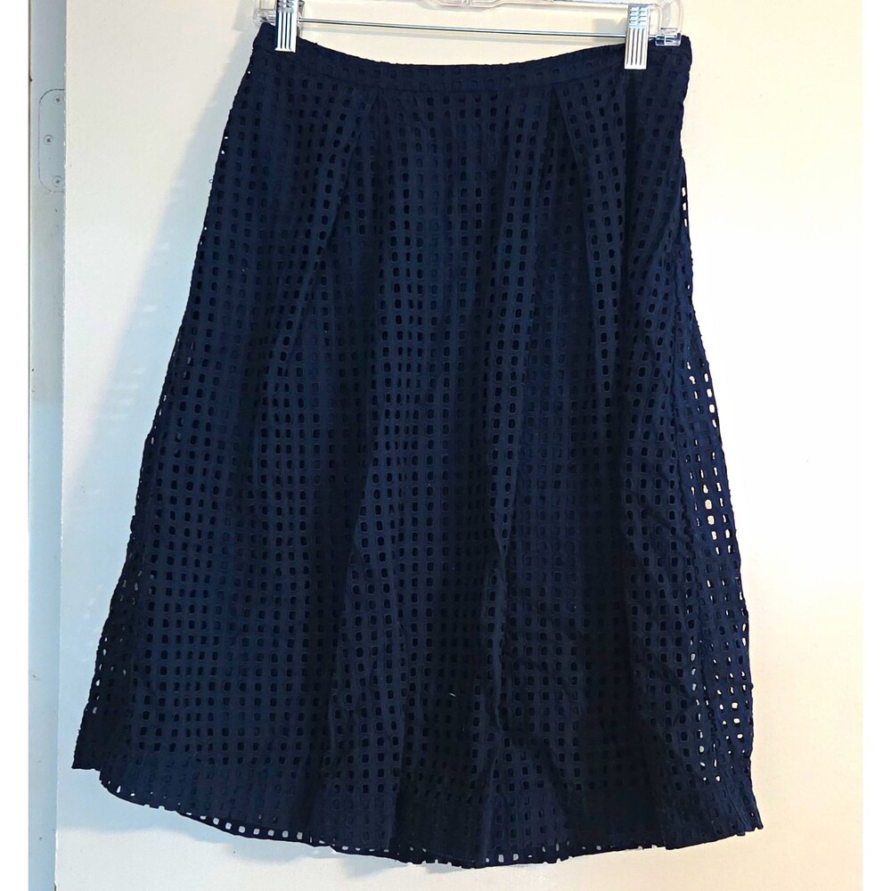 Crown & Ivy Women’s Navy Blue Solid Eyelet A-Line Knee Length Zip Skirt 6